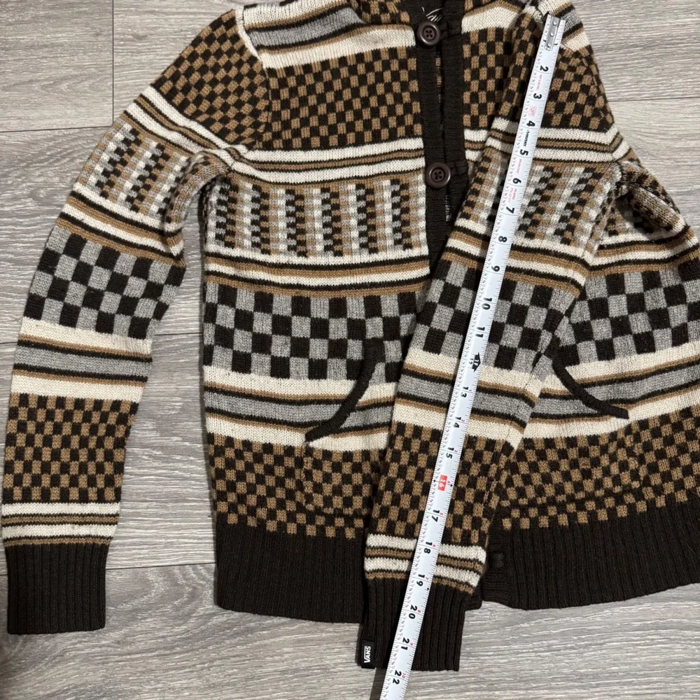 Vans Rare Retro Hooded Cardigan Sweater Brown Checkerboard Geometric Knit Size M